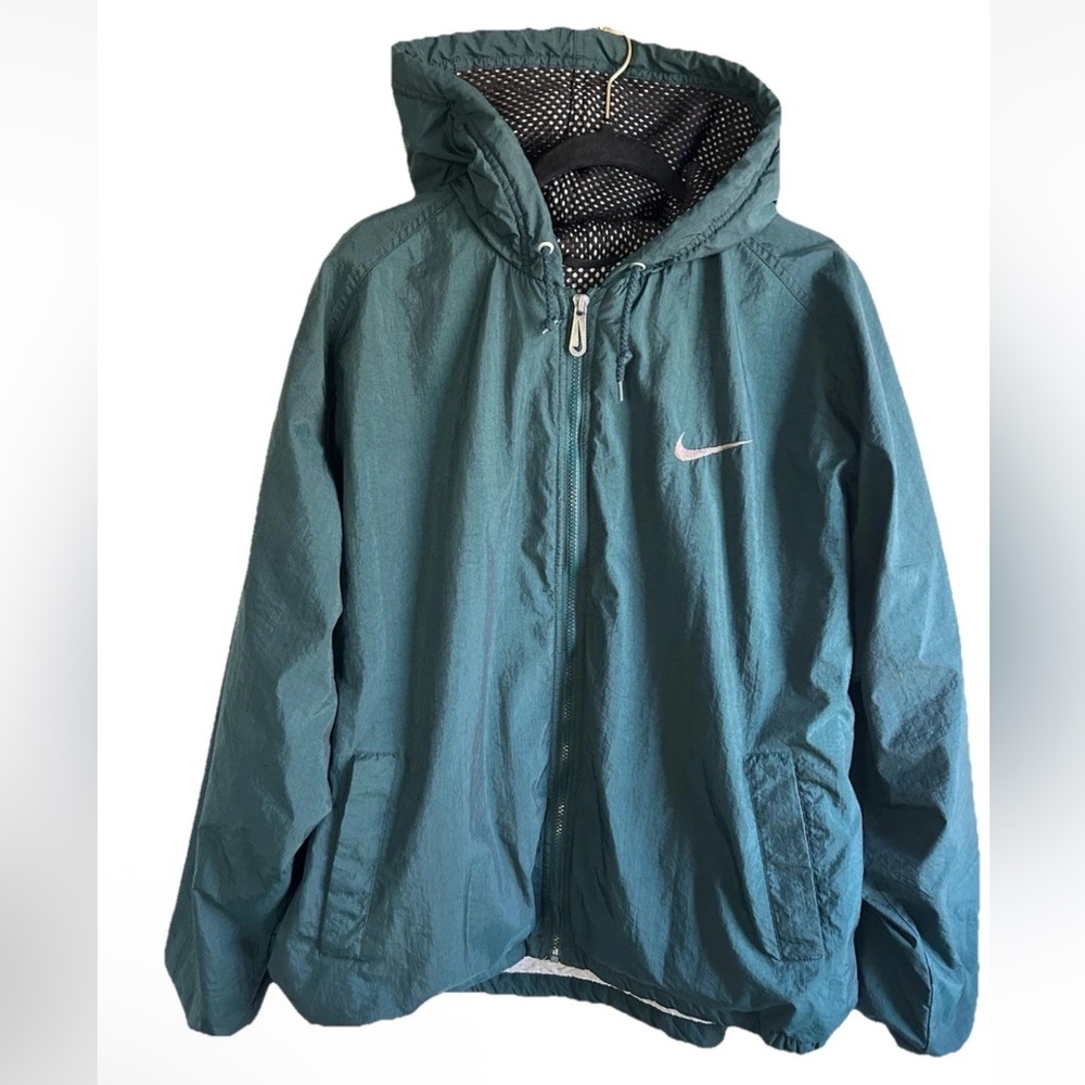 Nike Vintage Coat Men’s XL Swoosh Zip Hooded Green Embroidered JACKET Lined 90s - Picture 1 of 15